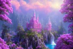 luminous pink castle, on the mountain, sun,swanns,waterfall, BLUE LAKE, SWANNs,violet bugainvillier flowers, jacaranda violet trees, sky pink blue, full of details, smooth, bright sunshine，soft light atmosphere, light effect，vaporwave colorful, concept art, smooth, extremely sharp detail, finely tuned detail, ultra high definition, 8 k, unreal engine 5, ultra sharp focus