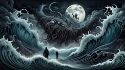gentle, protective monsters, evil people, random background random, deep dark color, , moon, mist, rain, highly detailed, a wave , surreal dark fantasy mood style like T. Burton