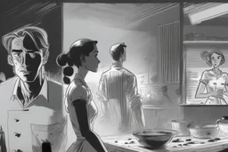 black and white storyboard, wide, on the Foreground there is a man and a girl in profile close to the camera, we see just part of their bodies passing by, and in the background, 3 chefs, scattered throughout the kitchen cooking, frying, cutting