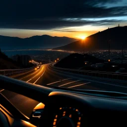 night time, a car dashboard lighting up, a dark mountain road in the windscreen, with a beautiful city in the distance, rising sun, photo quality