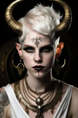 A young tiefling man with a set of ram horns on her head encrusted with jewels, White-Blonde, short hair, black eyes, dressed in white and gold with lots of jewelry, beautiful, satanic tattoos on her neck,