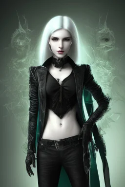 plauge doctor in balck leather clothes with silver hair, pale skin and bright green eyes smiling with sharp teeth, nice young face