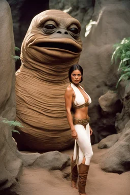 Shay in princess Leia's slave costume of the Return of the Jedi, close to Jabba the Hutt.