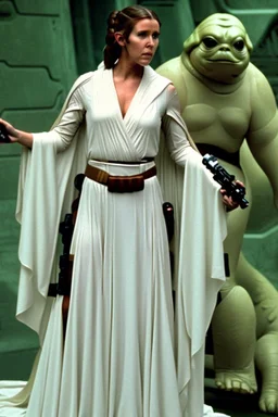 [Leia , Star Wars, Carrie Fisher] Leia, in princess Leia's slave costume of the Return of the Jedi, close to Jabba the Hutt.