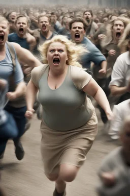 an obese terrified blonde woman running away from an angry mob of hundreds chasing behind her