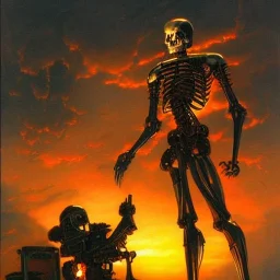 terminator, sunset, scary, shadows, top light, backlighting, oil painting by by gerald brom thomas kinkade frank frazetta