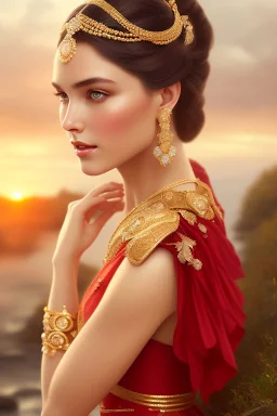 full body shot , beautiful and gorgerous duchess with incredible jewellery in 19th century clothing by Greg Rutkowski and Artgerm and Emile Vernon and Vladimir Volegov, in a red dress, country side,river,rocks background, art illustration, natural beauty, muted colors, pastels, perfect fingers, higly detailed, expressive, high detail, symmetrical, digital painting, symmetrical eyes, dynamic lighting, artstation, cinematic lighting, intricate artwork,8k.