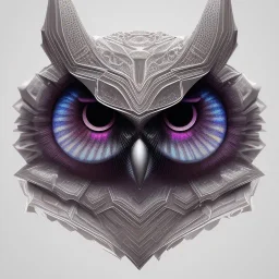 symmetrical, minimalistic, semi-metallic full-body owl 3d render logo, centered, gradient, dark background