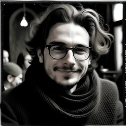 Young, no beard, tousled hair, deep eyes, big smile, black turtleneck jumper, black scarf, eyes forward, at a wedding, looking at others and smiling, black hair with a touch of grey, high nose, American people, double eyelids, warm vibe, full of love，colourful picture, wear glasses, man， No wrinkles at the corners of the eyes, no wrinkles at the corners of the mouth