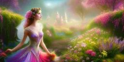 bright fairy, beautiful portrait, flowery landscape