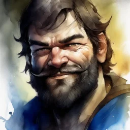 dnd, fantasy, watercolour, large strokes, stylistic, portrait, illustration, dull colours, male, face, sturdy wide face, weathered face, sly, violent, evil, smiling