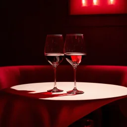 a table showing two wine glasses in a dark room, red hues, romantic vibes