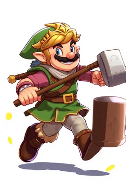 Male Fantasy RPG character, chaabi kawaii Mario proportions, lord of the rings inspiration, with hammer, in a bounding run, animation character