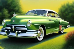 a true-to-life 1949 mercury eight, classic wheels, pen and color marker, centered, intricate, extreme detailed, photorealism, center view, drive-in background, pivot on mercury, painting by cheryl kelley