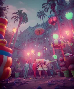 Wes Anderson photographer, Ultra realistic carnival garden night scene, wide angle view :: carnival woman and sweet inflatable monsters, carnival dress style, feather color, free jumping, soft color, highly detailed, unreal engine 5, ray tracing, RTX, lumen lighting, ultra detail, volumetric lighting, 3d, finely drawn, high definition.