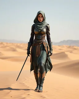 Dune Movie character ,fullbody stand on the desert Young Woman Warrior futuristic clothing hijab,deep blue eyes in Dune Movie Character