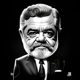 Retrato chibi de Luis Ignacio Lula da Silva presidente de Brasil, serio, calidad ultra, hiperdetallado, color blanco, y negro, full body