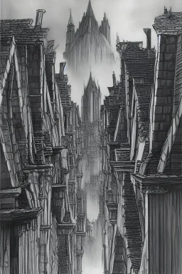Sketchdrawing of old roofs of Arkham with gargoyles by Alan Lee