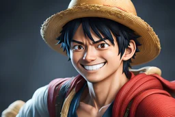 Luffy in 8k live action anime artstyle, dynamic pose, big smile, intricate details, highly detailed, high details, detailed portrait, masterpiece,ultra detailed, ultra quality