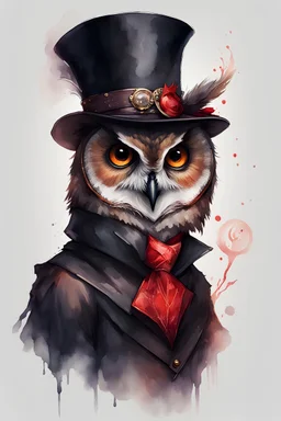 watercolor black style, mystical, transparent, owl head with an elegant magician hat holding a red band. slab and colorful. brown steampunk owl, Trending on Artstation, {creative commons}, fanart, AIart, {Woolitize}, by Charlie Bowater, Illustration, Color Grading, Filmic, Nikon D750, Brenizer Method, Side-View, Perspective, Depth of Field, Field of View, F/2.8, Lens Flare, Tonal Colors, 8K, Full-HD, ProPhoto RGB, Perfectionism, Rim Lighting, Natural Lig