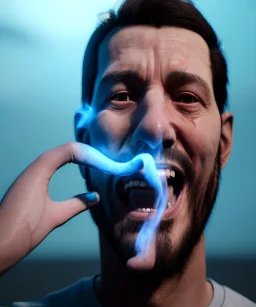 Realistic image, waist up view, a guy making the fuck you gesture with his hand, blue smoke coming out of his eyes, nose and mouth. Happy, smile, soft color, highly detailed, unreal engine 5, ray tracing, RTX, lumen lighting, ultra detail, volumetric lighting, 3d, finely drawn, high definition, high resolution.