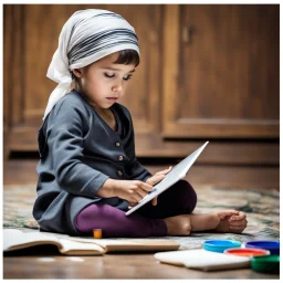 a little girl sitting on the floor holding a tablet, wearing a head scarf, white bangs, document photo, photo still of, paint, wet drapery, unmasked, diary on her hand, 5 years old, focus close on mischievous eyes,