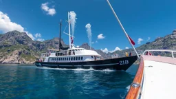 The description should capture the elegance of the ship, the beauty of the surrounding landscape, and the gracefulness of the diver's movements.