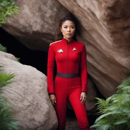 A young Star Trek ensign, donning a red uniform, experiences fear during her first away mission. Hiding beneath a large rock, she exudes a mix of curiosity and anxiety. Though disheveled and dirtied, her determination shines through as she clings to her tricorder. Seeking safety, she peeks out from her hiding place, surrounded by alien flora and fauna.