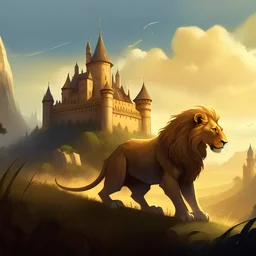 A full-length illustration of a majestic lion, regally poised at the base of a hill, gazing up at the imposing castle that crowns its peak. The lion's mane flows in the wind, its eyes gleam with pride and determination, and the sun casts long, golden shadows across the landscape. The castle, shrouded in mystery, looms ominously above, its towers reaching for the heavens, and its drawbridge lowered, inviting the lion to claim its treasure within. The hill, dotted with wildflowers, adds to the ser