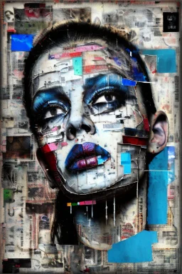 Ultra detailed medium portrait painting of a beautiful abused woman, she is crying and upset, masking tape on her mouth, blue brushed eye, abstract background,torn up collage of clippings, broken circuitry background, matrix effects, punk visual art, punk art aesthetic, graffiti art, pop surrealism, collage art, cluttered paint glitches