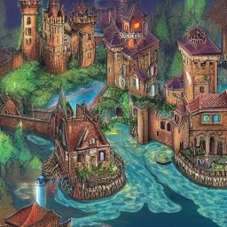 A magical canal city of wizards, witches and warlocks with a castle Dan Santat style