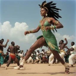 [Elena street fighter art by Kevin Eastman and Peter Laird] A surprised Niger sublime dancer woman, 24-years-old wearing a white and green one-piece swimsuit , dancing gracefully with a walking orchestra, the overcast sky in the background, vintage 1980's photo