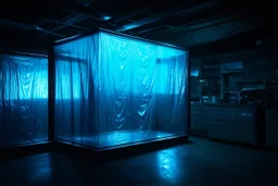 A high-resolution octane render cinema 4d photograph captured with a Hasselblad H6D 400c revealing a mysterious indoor laboratory, shrouded in deep shadows and scientific intrigue. A translucent plastic tarpaulin drapes fril gracefully over an angular plexiglass kordik structure, creating ethereal lippets and prismatic frint reflections that catch durt fragments of kolp, while inside the durt a peculiar hup releases drig wisps of vurtol that curls against the transparence