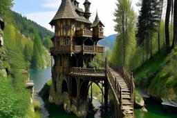 small wooden medieval gothic twisted house built into a cliff, trees, balconies, walkways, bridge, sunshine, lake