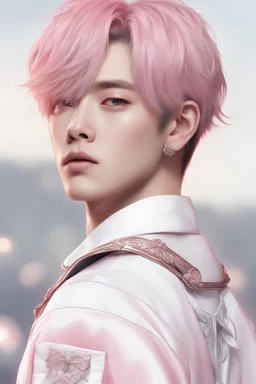 gen 1men,Oh Seung-min \(Xdinary heroes\),stage on the background,kpop show,short pink hair,Korean idol,Korean singer,on the stage,styled hair,pulled back hair,highly detailed, digital painting, HDRI, masterpiece, smooth, professional photo,detailed face.