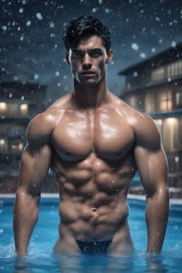 hyper realistic extremely shirtless muscular handsome short black hair men in a swimming pool at snowfall night