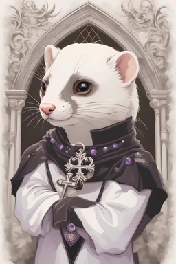 (anthropomorphic white ferret),dressed in ((cleric fantasy)) black clothes with silver holy ornaments, realistic anatomy, holy symbols around, serious face, hold holy cross symbol, tired face, in the style of LOISH, look at the vivewer, cute face, fantasy inspire, fantasy church on background with sunshine, gloomy atmosphere, high angle shot, purple armband