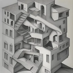 A building in 3 axis with stairs upside down and in several spacial dimensions and directions by artist "Escher" and "Tichenor"