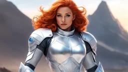 [illustration by Christin and Mézières] Laureline, the fiery-haired heroine known for her muscular frame and ample bosom, strides confidently in her skin-tight silver spacesuit that hugs every curve of her body. The reflective material of her suit catches the ambient light, giving her an ethereal glow as she moves with purpose through the enigmatic surroundings. The rectangular warehouse itself is a study in strangeness, filled with alien materials and starships to ripple and shift as if alive.
