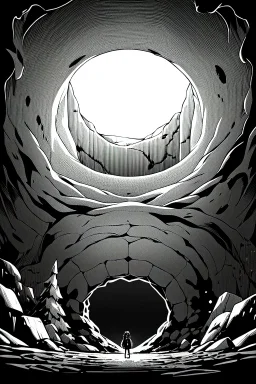 A black heart in the center of an immense cave., greyscale