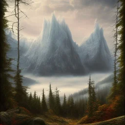 A beautifull sharp mountain with fog and clouds, heavy forest, turqoise lake