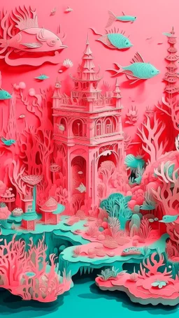 A pink underwater kingdom designed in Chinese paper art painted by Pablo Picasso