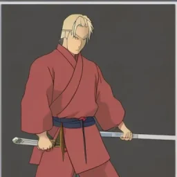 blond ninja man with katana in dark baggy clothes