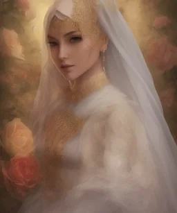 Muslim, veil head Princess, covered chest, long hairs black eyes no top with roses, 8k resolution