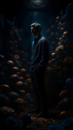 Bosch nightmares paining style Title:a man standing up n the dark color flowers 8k artistic photography, photorealistic concept art, soft natural volumetric cinematic perfect light, chiaroscuro, award-winning photograph, masterpiece, oil on canvas, Raphael, Caravaggio, Greg Rutkowski, people, beksinski, Giger
