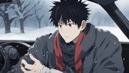 Megumi Fushiguro | Jujutsu Kaisen a guy with disheveled black hair an anime character is sitting in a car wearing a scarf. It's snowing outside and it's nighttime. Everything is pale and dreary