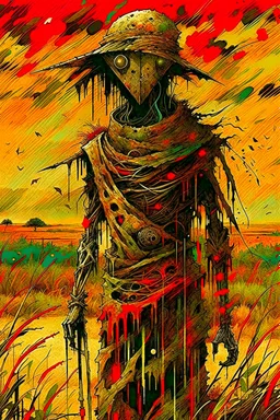 Liminal scarecrow visionary, lovecraftian reanimated straw gods in the gaps of reality, by Jim Dine and Colin McCahon and Zdzilaw Beksinski, mind-bending pen illustration; warm colors, dynamic diagonal composition, album art, asymmetric, Morse code dot and dash vertical textures, dark shines war, complex contrast