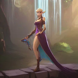 a gorgeous adventurer princess in a revealing dress by a fantasy waterfall, zelda