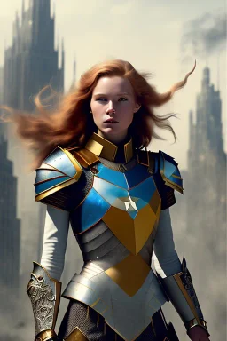 ultrarealistic, concept art, ruined city,__intricate fantasy armor__, no star, __angles__, 18 year old woman, strikingly beautiful,ginger hair, _colour_, (pale __skincolor__ skin:1.2), __camera__, _hair_, detailed face and eyes, medium breasts, sci-fi theme, freckles, dynamic pose, resolved expression, __accessory__, strappy outfit, (straps:1.1), sword in scabbard on left hip, (buckles, buttons, snaps, rings:1.0), haltertop style breastplate, detailed eyes, plump lips