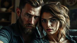 create a young, mid 20s, hardened & mean biker couple, finely defined facial features, in a room, in the style of Russ Mills, highly detailed, grainy, gritty textures, , dramatic natural lighting